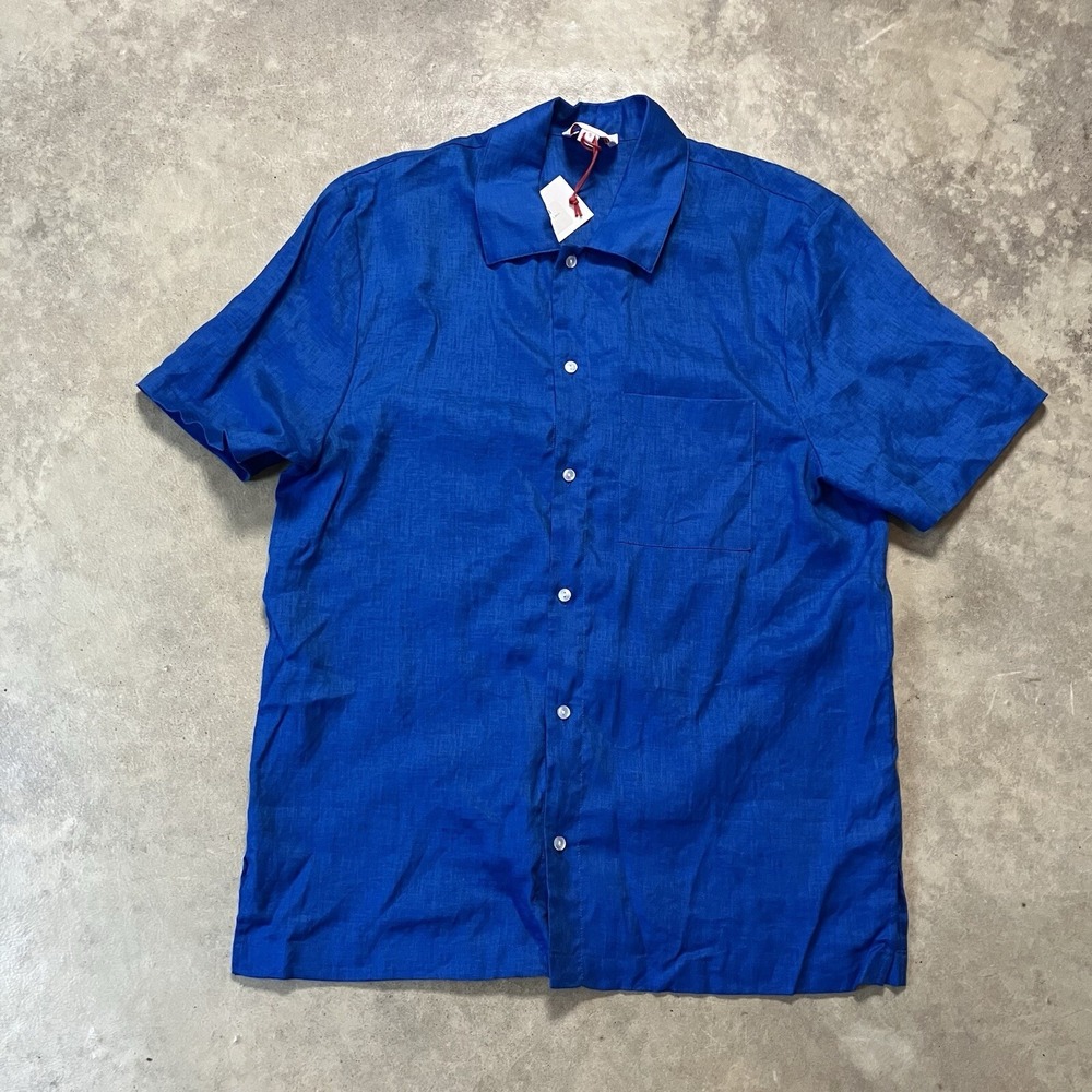 Solid Striped Shirt Mens Size Small Blue Cabana Button Down Linen Short Sleeve